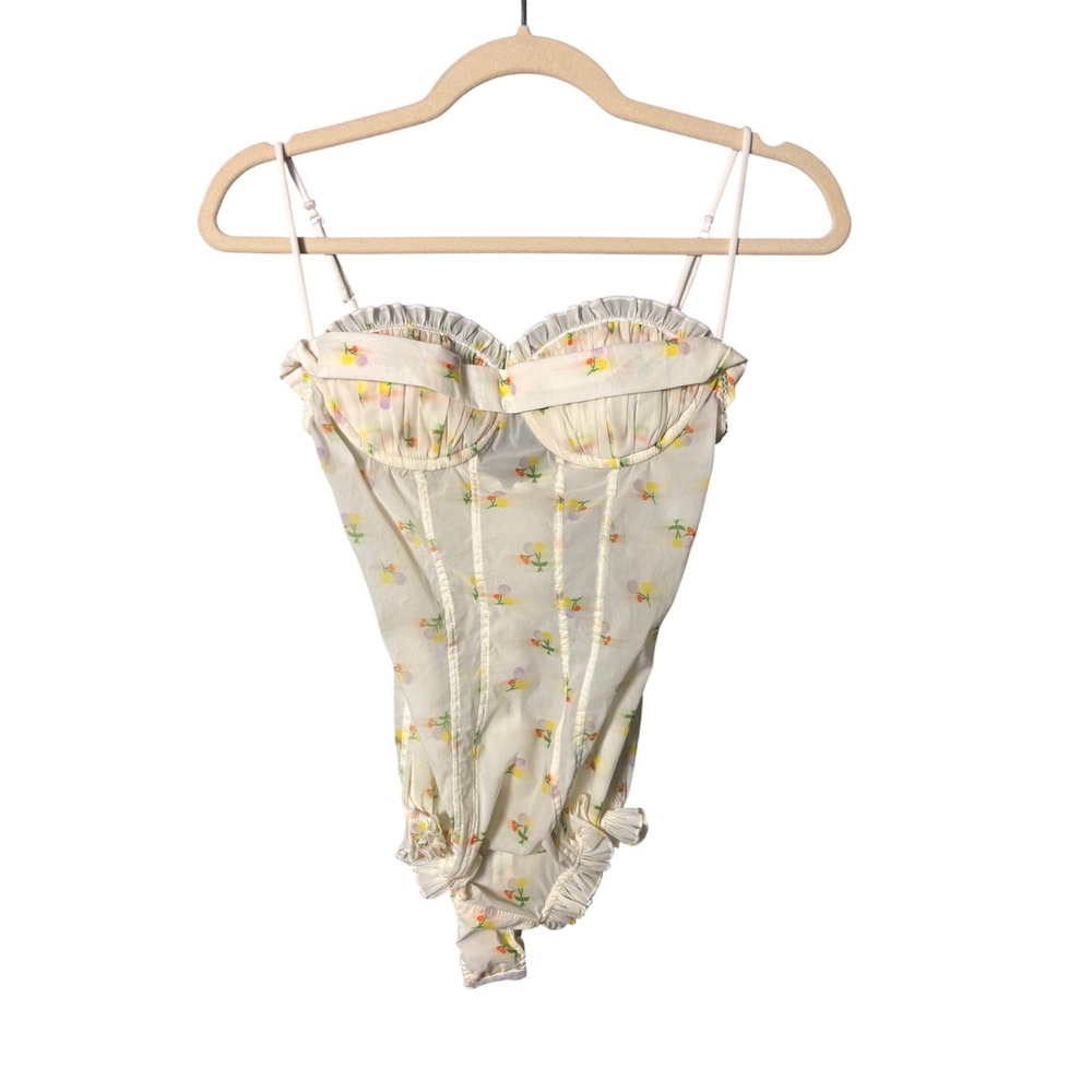 Summer‎ Rose Womens Bodysuit XS White Floral Bustier Ruffle Cottagecore Coquette